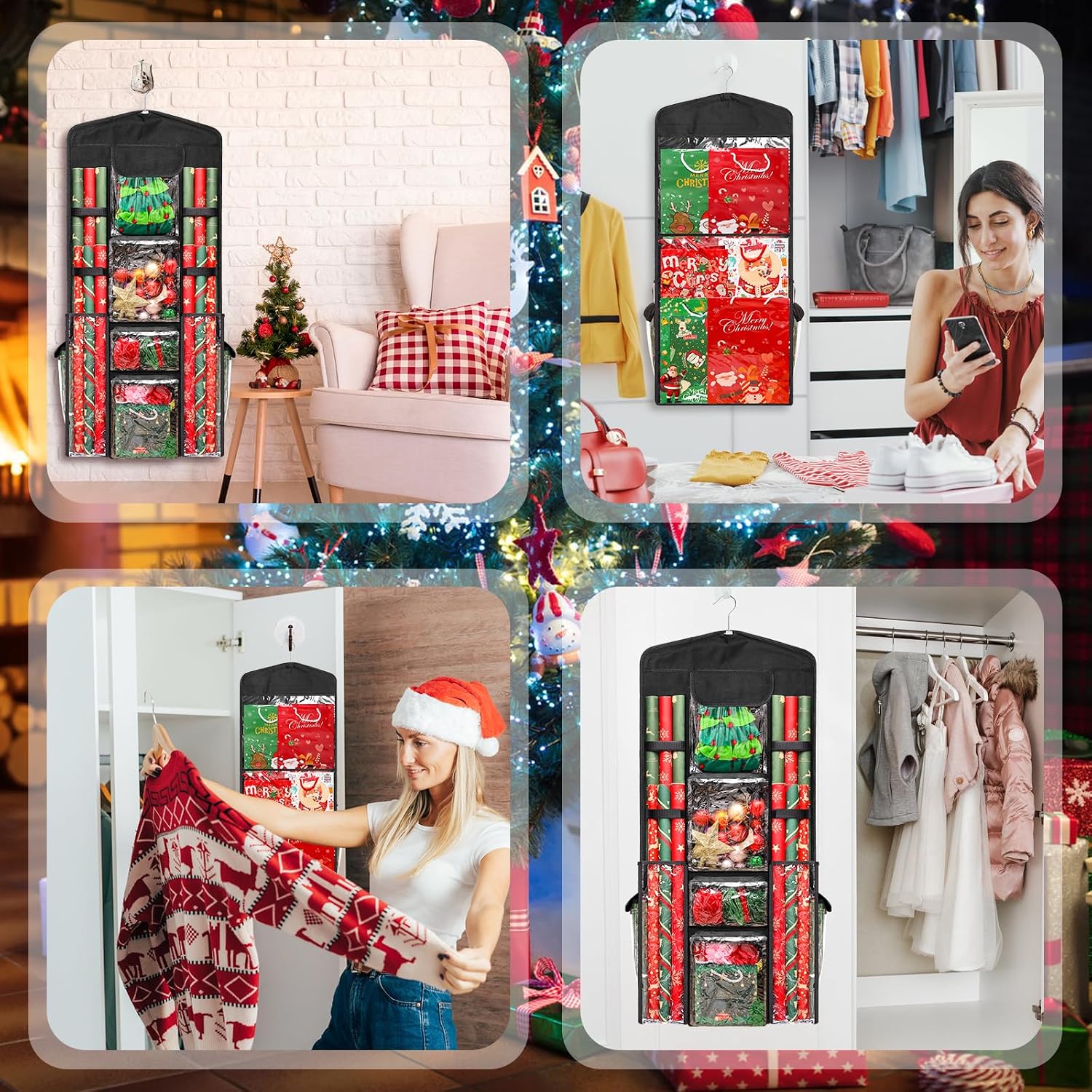 Wrapping Paper Organizer Storage, AHIER Hanging Double-Sided Gift Bag Storage Organizer with Multiple PVC Clear Pockets for Festival Christmas Wrapping Paper Storage(40"x17")