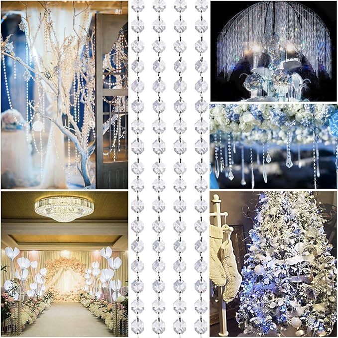33ft K9 Glass Crystal Garland Strands - Hanging Chandelier Gem Bead Chain - 14mm Clear Octagon Prism Diamond String Decorations for Wedding Party Manzanita Centerpiece Christmas Tree