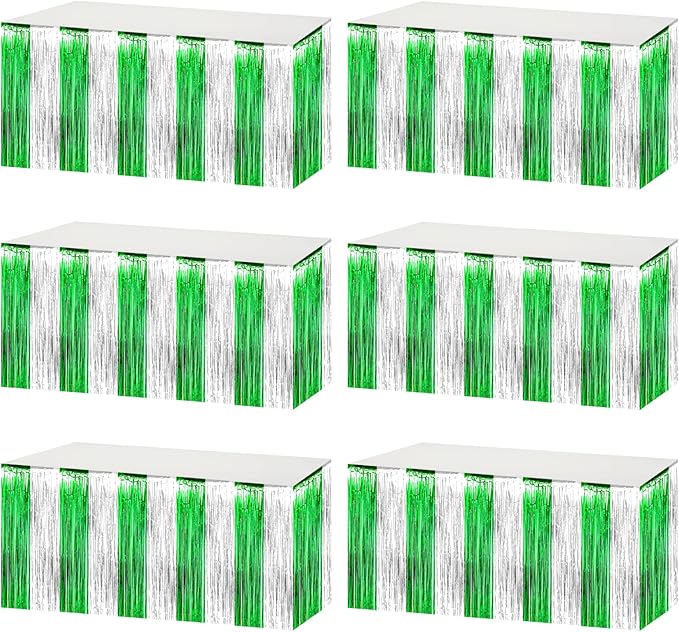 6 Pack 29x108 Inch Silver Green Metallic Foil Fringe Tinsel Table Skirts for Rectangle Tables Streamer Curtains Backdrop for Birthday, Parade Floats, Mardi Gras, St Patrick Day Party Decoration