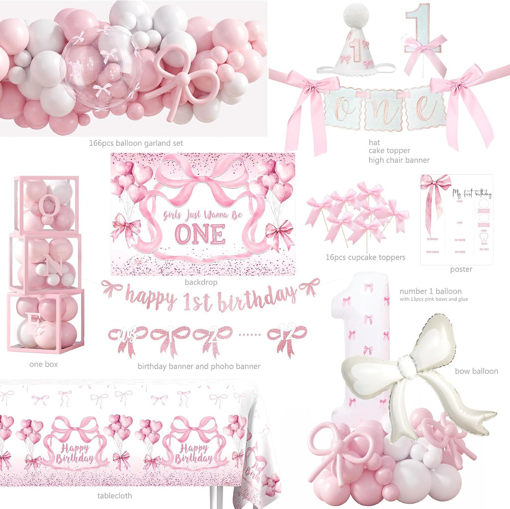 pink bow 1st birthday decorations, first birthday party shown in use