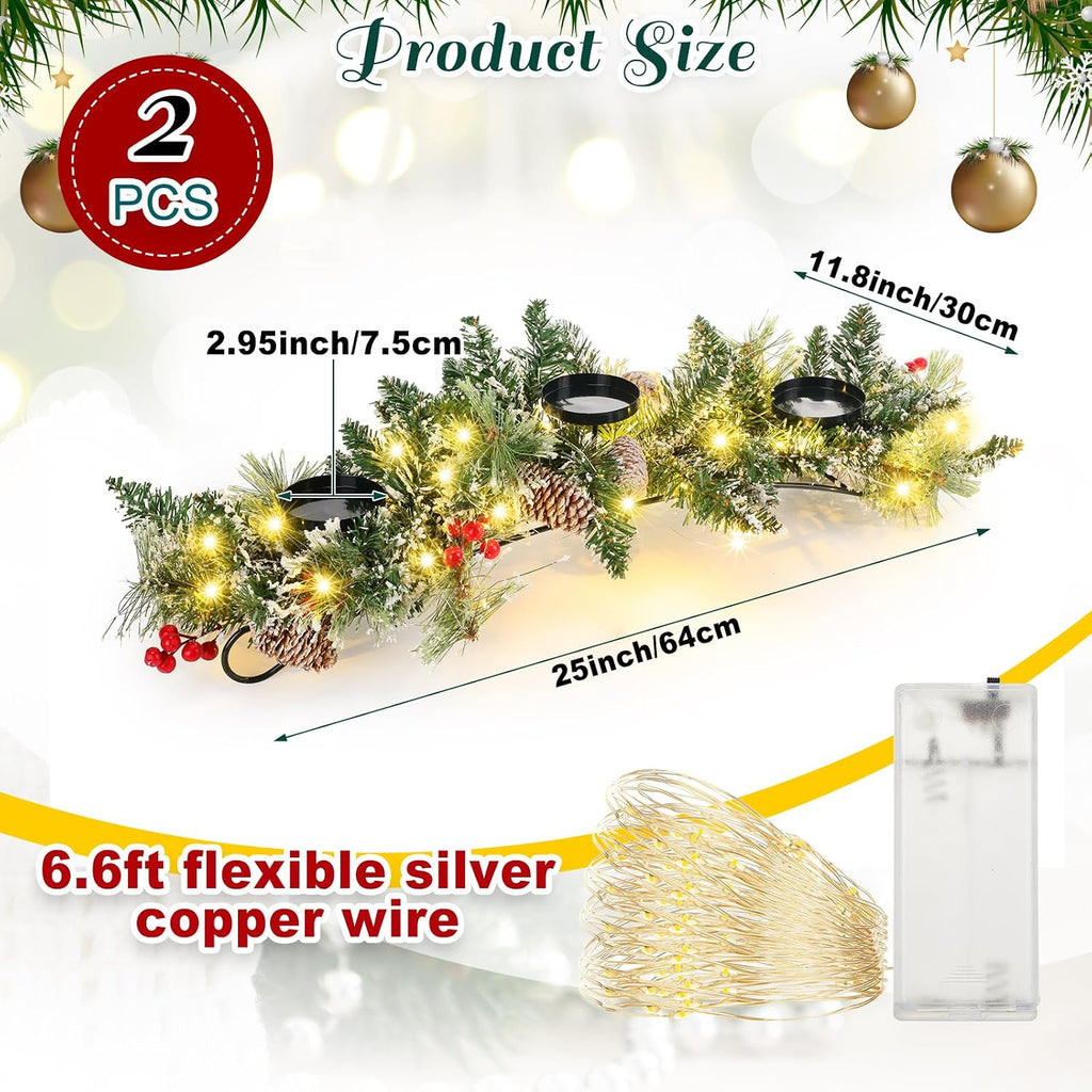 4 Pcs Christmas Table Centerpiece Decoration with 3 Christmas Candle Holders LED Fairy Lights String Lights Battery Operated Artificial Red Berries Pine Cones for Kitchen Indoor Home (Bright Style)