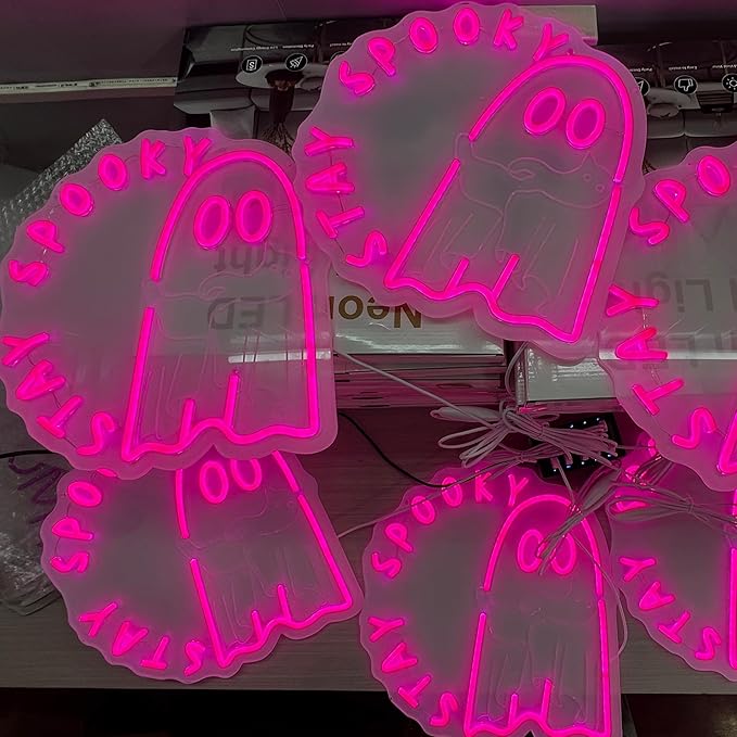 Halloween Ghost holding a cat Stay Spooky Neon Sign, Funny Halloween Party Wall Decor, Spooky Season Room Sign for Boo Wall Decor Neon Light for Bar Man Cave Home Yard Decoration Funny Spooky Vibes-Pink