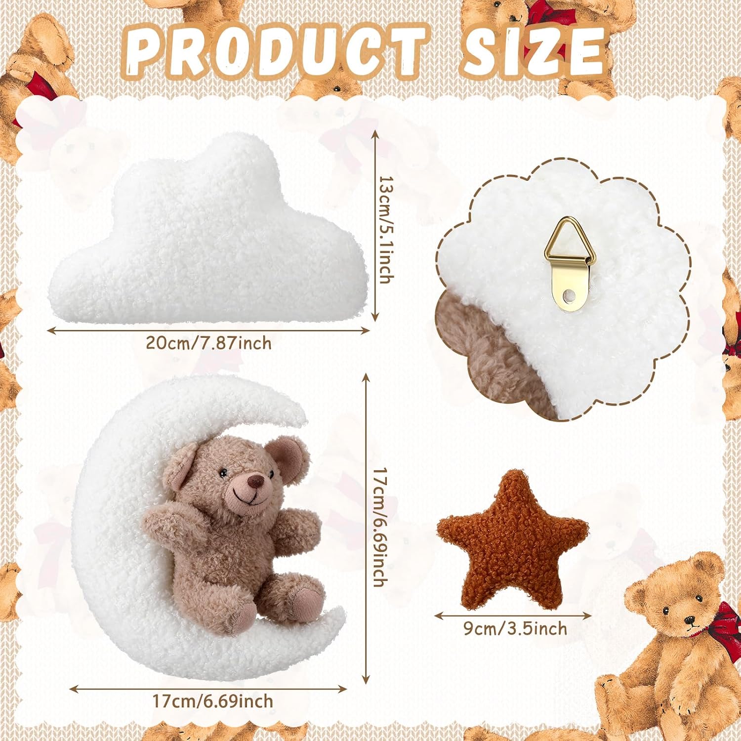 Chumia 7 Pcs Teddy Bear Nursery Wall Decor Boho Nursery Wall Art with Clouds Moon Star Soft Baby Room Decor Gender Neutral for Bedroom Decoration