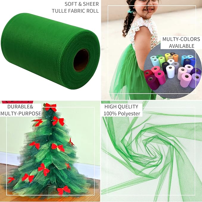 Emerald Green Tulle Fabric Rolls 6 Inch by 100 Yards (300 feet) Fabric Spool Tulle Ribbon for DIY Tutu Christmas Gift Wrapping Bow Baby Shower Birthday Party Wedding Decorations Craft Supplies