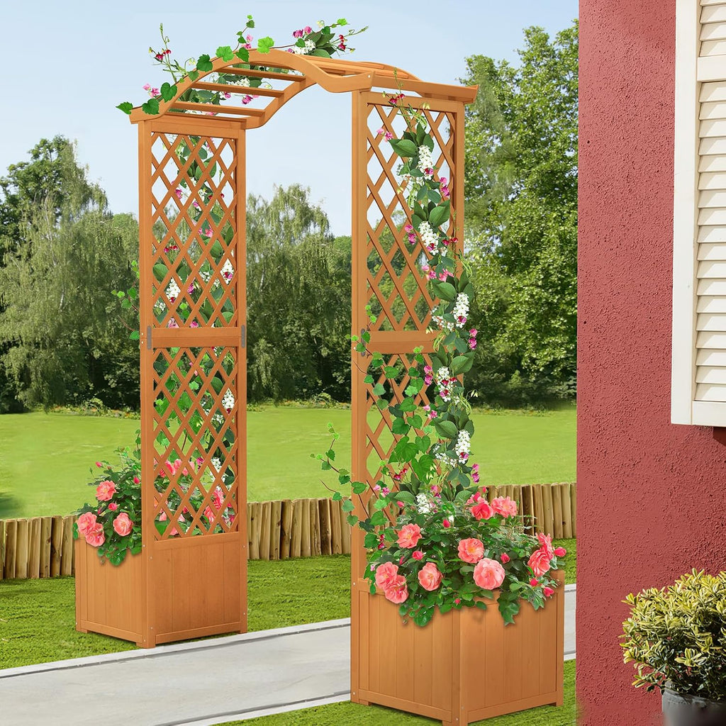 moccha wooden garden arbor with planter - outdoor, close-up detail