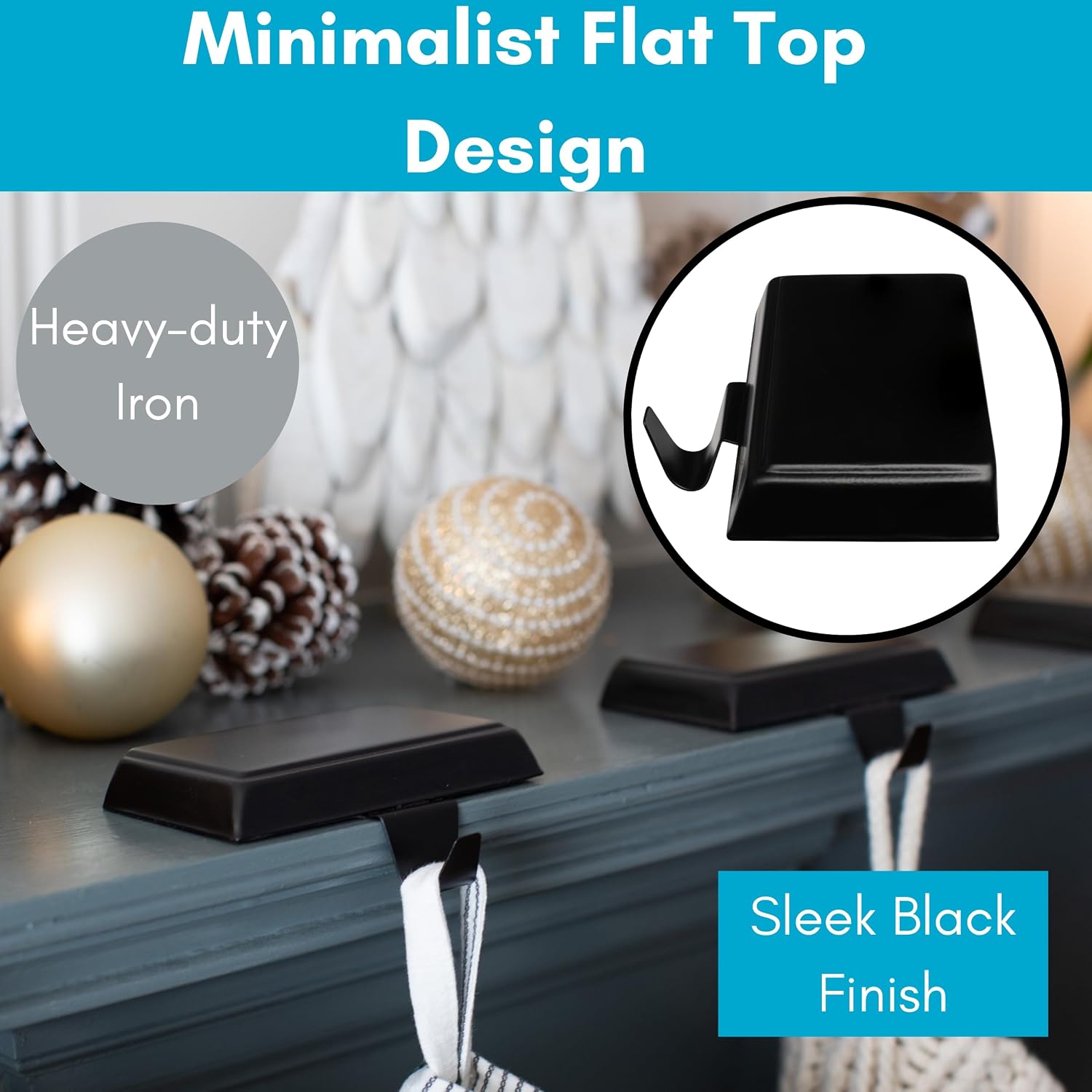 BIRDROCK HOME 4pk Flat Top Holiday Stocking Holder for Mantle | Black Finish with Non-Scratch Base | Fireplace Hook for Christmas Stockings Decor