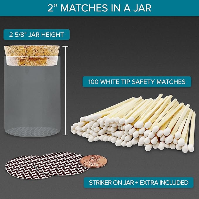 2" White Matches in a Jar + Striker Stickers Included | 100 Classy White Tip Decorative Safety Matches with a Cork Top Glass Holder | Gifts, Home Decor, & Candle Accessories by Thankful Greetings