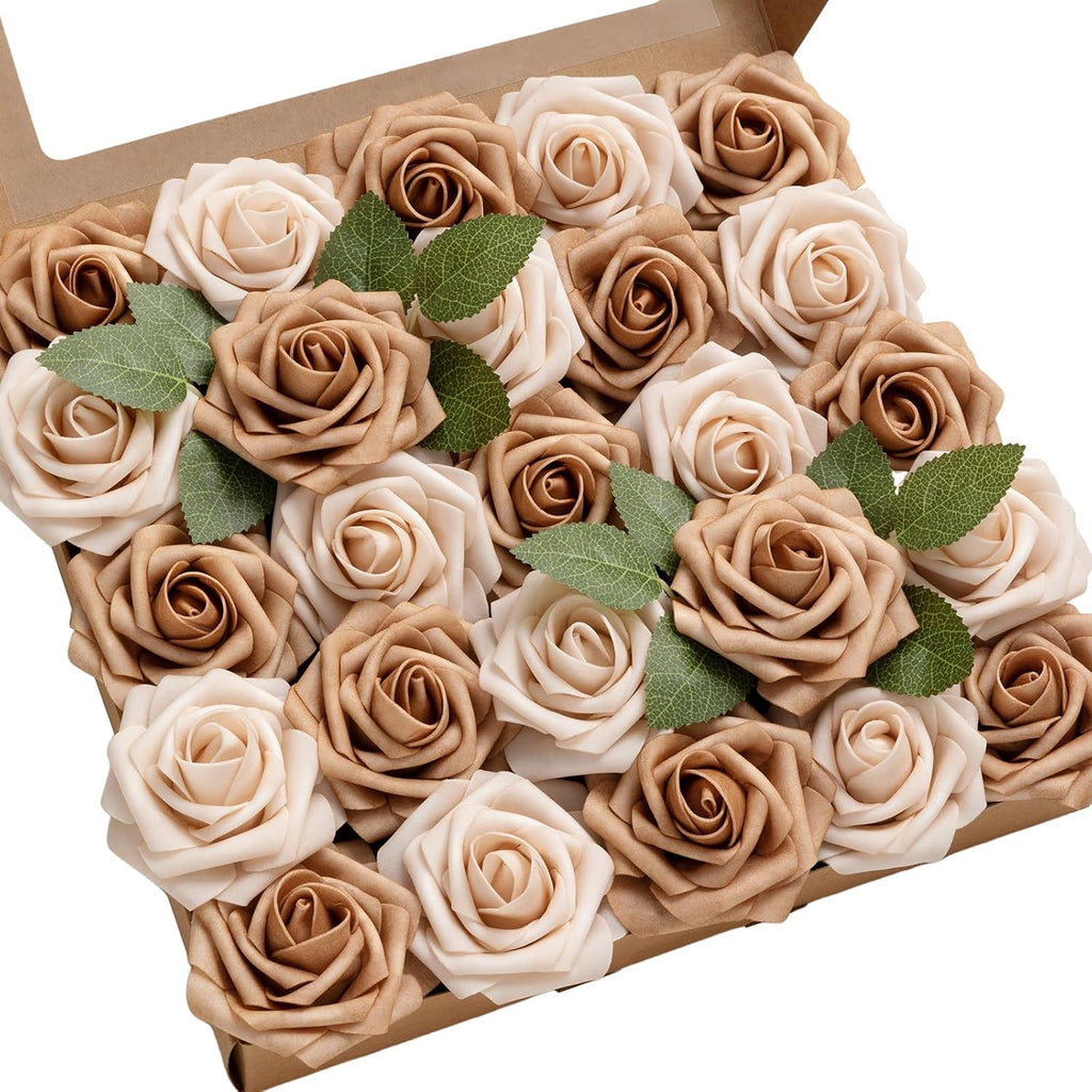 Ling's moment Artificial Flowers 50Pcs Ivory Roses Decor w/Stems,3" DIY Foam Floral for Wedding Bouquet/Centerpieces, Outdoors Party Backdrop, Room/Table, and Garden/Pot Decorations