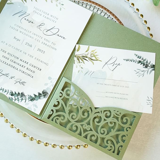 ponatia 5.12 x 7.2 Sage Green Laser Cut Wedding Invitations, 20PCS Tri-Fold 5x7 Trifold Laser Cut Invitation Pockets with Envelopes for Wedding Bridal Shower Engagement (No Inner Sheet)