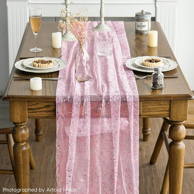 Artoid Mode 3PCS Pink Gold Gauze Table Runner 120 Inch 10FT, Glitter Metallic Foil Sheer Dining Wedding Anniversary Holiday Table Decor for Home Party