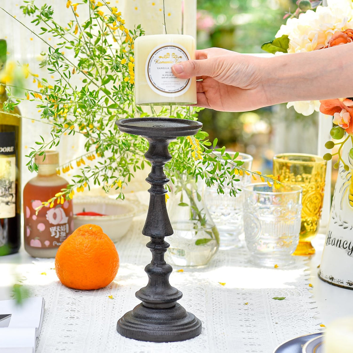 Sungmor Rustic Cast Iron Pillar Candle Holder, 9.6 Inches Tall