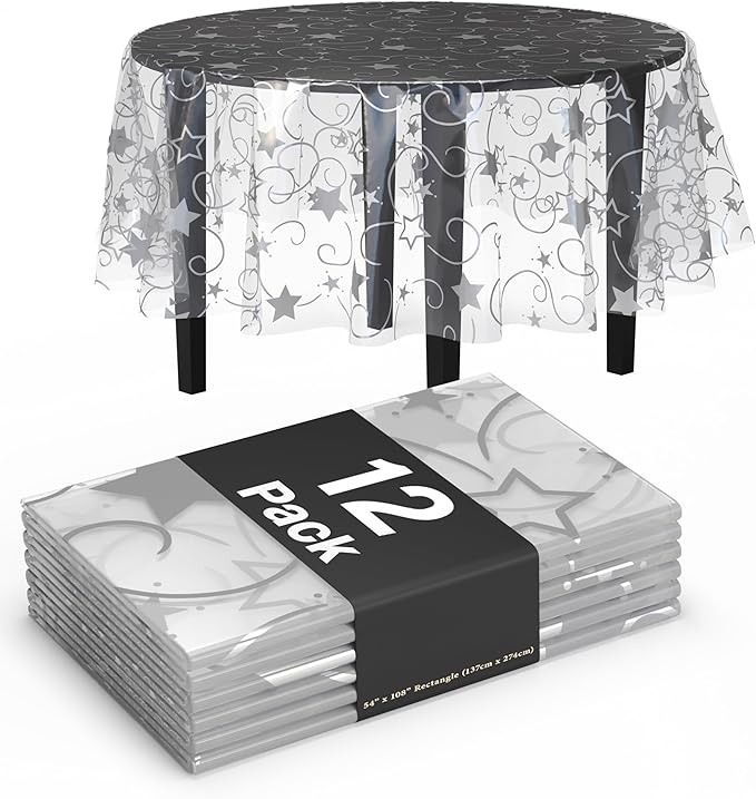 Exquisite Clear Silver Star Tablecloth Plastic 12-Pack Disposable Round Tablecloths 84" Silver Star Table Cloths Round Table Covers Plastic Tablecloth for Party Decorations