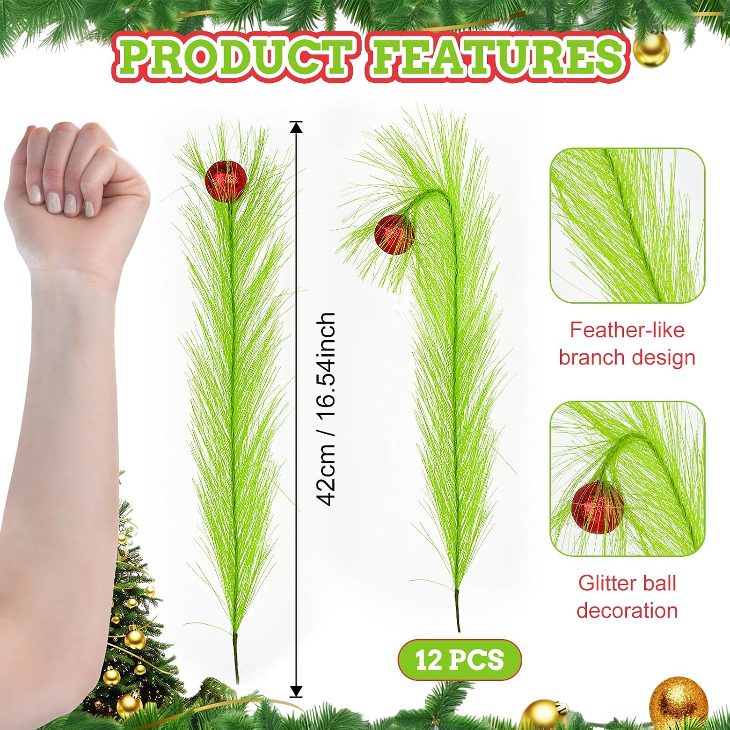 12 Pcs Artificial Vase Fillers Fake Pampas Grass Stems Resistant & Non-Fading Simulation Pine Branch for Bedroom Kitchen Decor Boho Farmhouse Room Decor