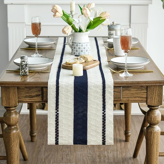 Artoid Mode Dark Blue Farmhouse Woven Rustic Table Runner, Seasonal Holiday Hollow Kitchen Dining Table Decoration for Home Party Decor 12x108 Inch