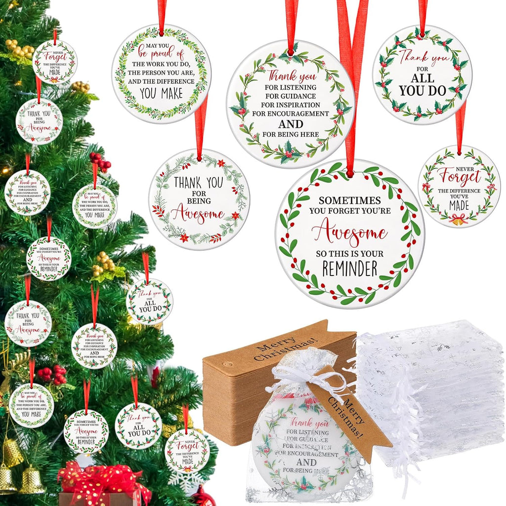 Barydat 36 Set Ceramic Christmas Appreciation Gifts for Coworkers, Thank You Ceramic Ornaments Xmas Tree Hanging Ornaments with Tags and Bag for Coworker Office Friendship Xmas Tree Decor (Wreath)
