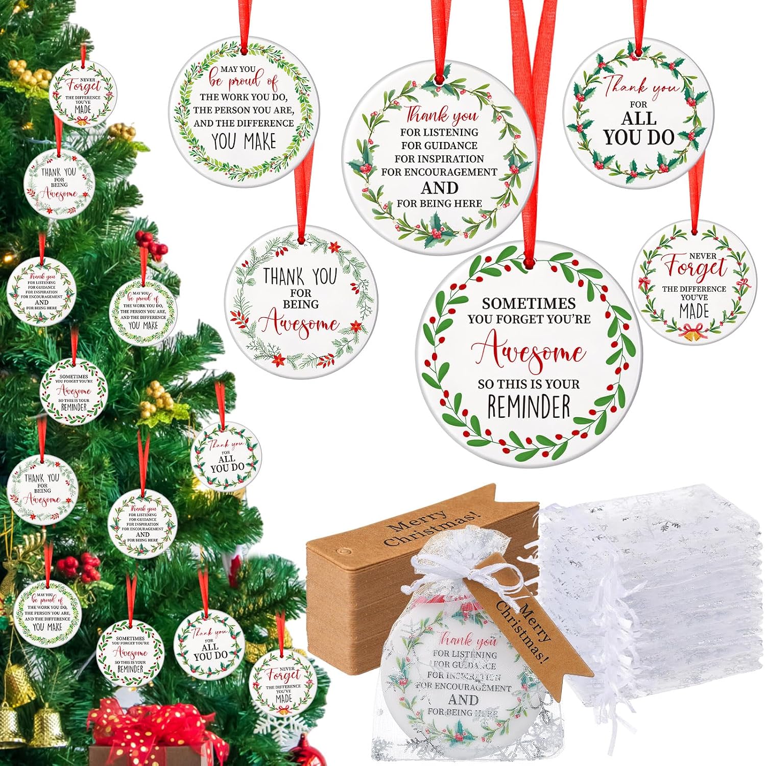 Barydat 36 Set Ceramic Christmas Appreciation Gifts for Coworkers, Thank You Ceramic Ornaments Xmas Tree Hanging Ornaments with Tags and Bag for Coworker Office Friendship Xmas Tree Decor (Wreath)