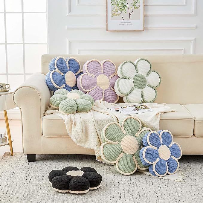 Flower Pillow, Soft Flower Decorative Throw Pillow, Cute Daisy Flower Shaped Seating Floor Cushion Room Décor Plush Pillows for Sofa Couch Bed (17.7 Inch, Blue)