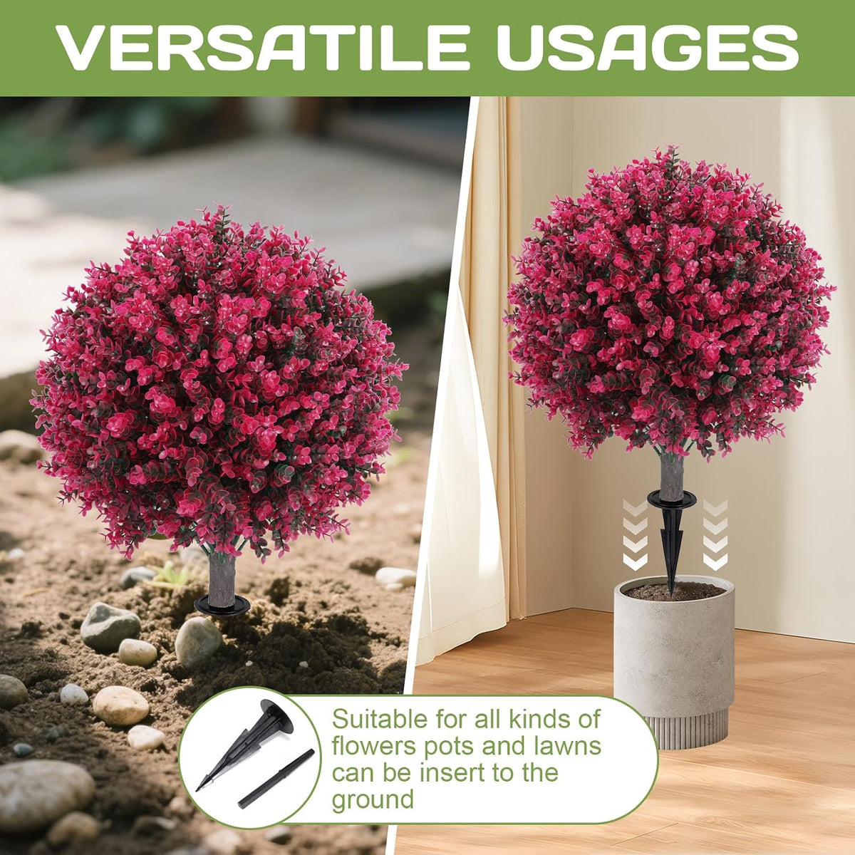set of 2 artificial red eucalyptus topiary ball, side view
