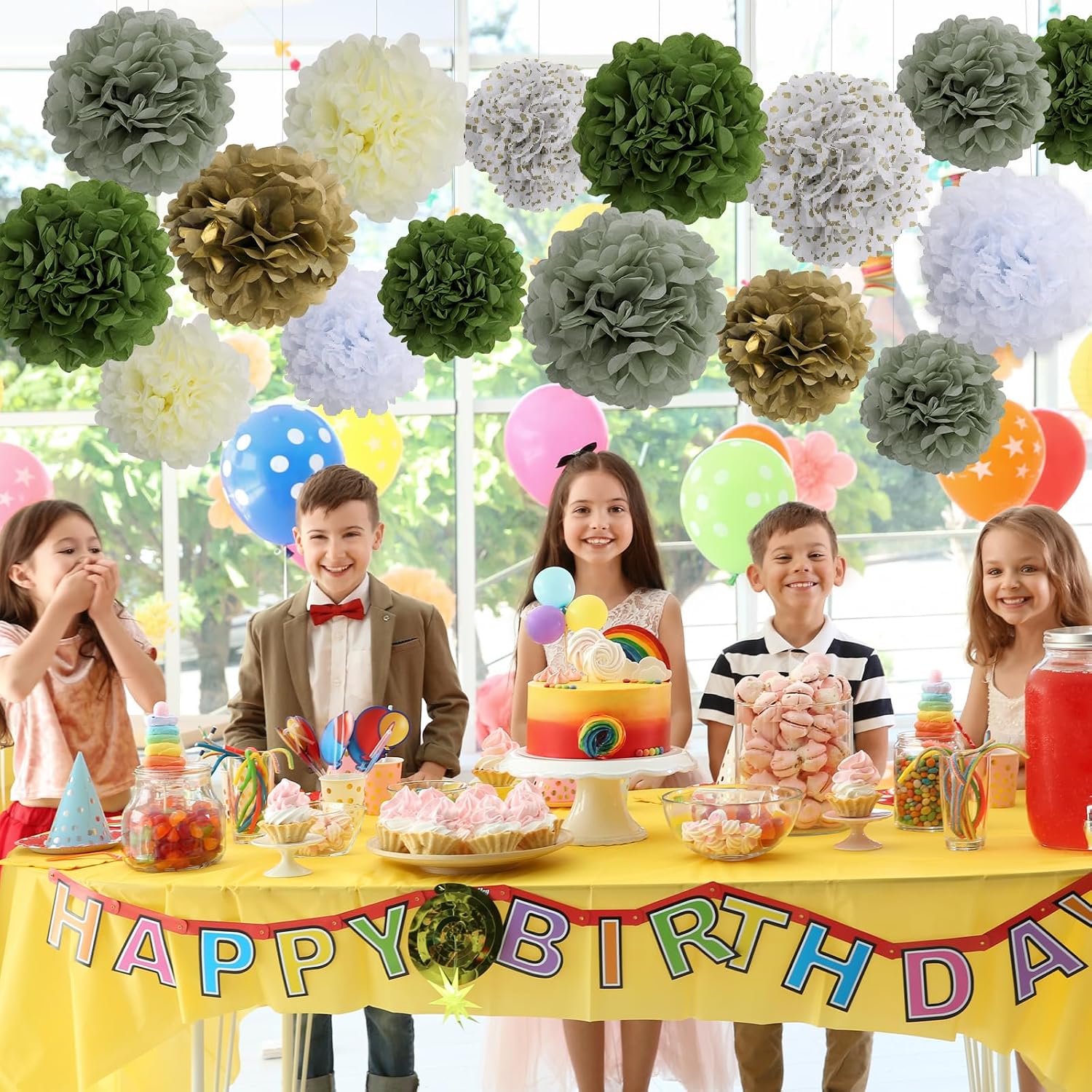 BestoFun 16 PCS Sage Green Party Decorations Tissue Paper Flowers Pom Poms Decorations for Girl Groovy Birthday Baby Shower Wedding Bachelorette Room Wall Hanging Décor