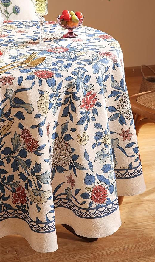patdrea Designer Blue Tablecloth for Round Table,Vintage Linen with Leaves and Floral Pattern Tablecloths,Farmhouse Decor Cover for Kitchen Dining Christmas,Thanksgiving,Diameter 67"-Ivar a