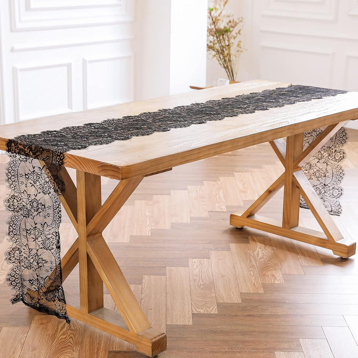 Black Lace Table Runner 14 x 120 Inch Floral Embroidered Fabric Decoration