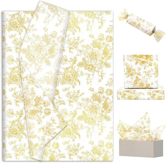 JarThenaAMCS 100 Sheets Floral Tissue Paper Gold Flower Gift Wrapping Paper Vintage Decorative Art Paper for Home Party DIY Crafts Supplies, 14 x 20 Inch