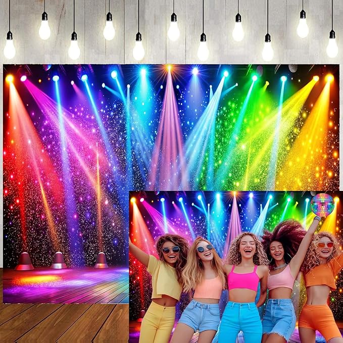 LTLYH 8x6ft Fabric Disco Rainbow Stage 70s 80s 90s Backdrop Vintage Lights Photography Background Rock Music Club Neon Glow Party Decorations Photo Banner 312