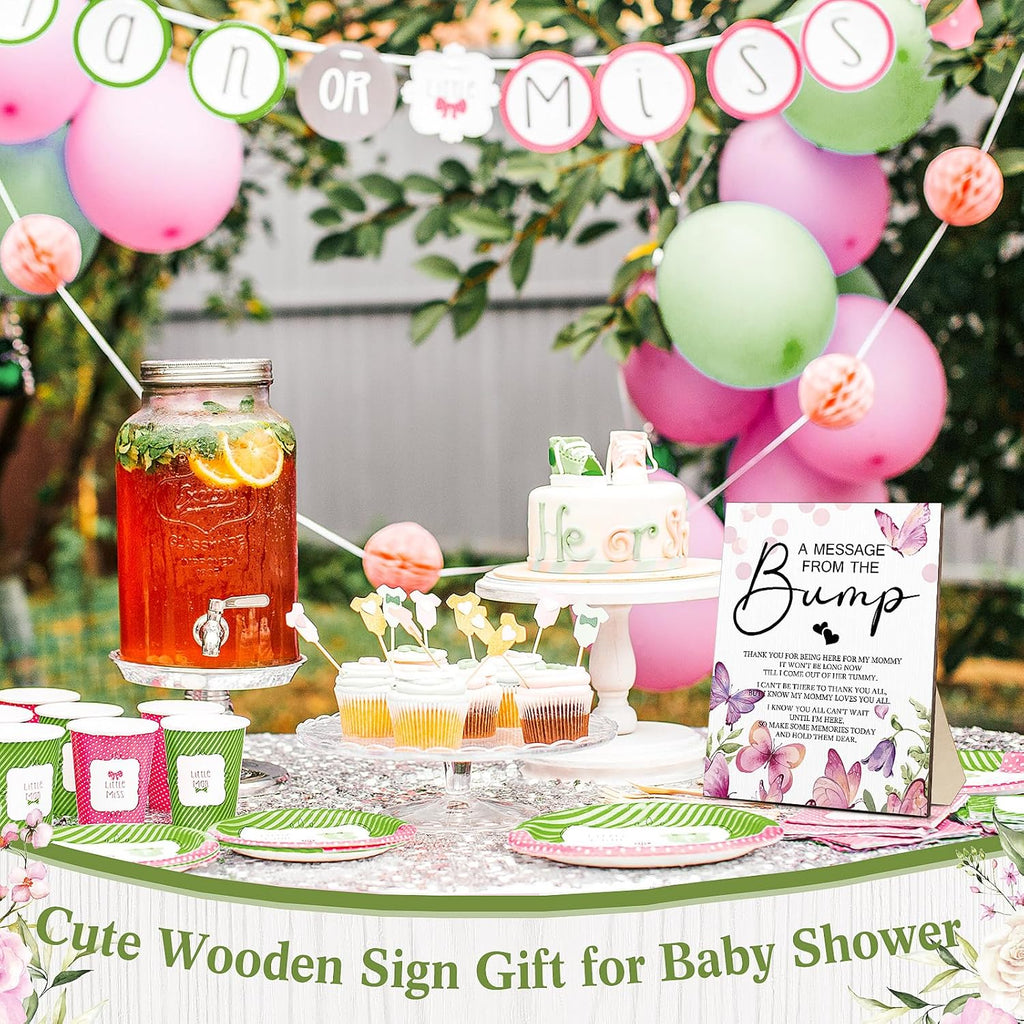 Roowest Cool Baby Shower Tabletop Decoration a Message from the Bump Wooden Baby Shower Games Sign Greenery Cute Gender Reveal Party Thank You Sign, 11.2 x 8.66 Inches(Butterfly)
