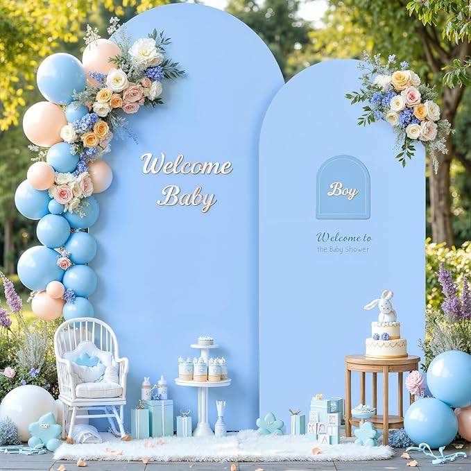 7.2FT 6FT Arch Backdrop Cover for Wedding, Set of 2 Stretchy Spandex Fitted Arch Stand Cover for Baby Shower, Birthday Party Decor, Chiara Backdrop Cover with Double-Sided Design(White, Blue)