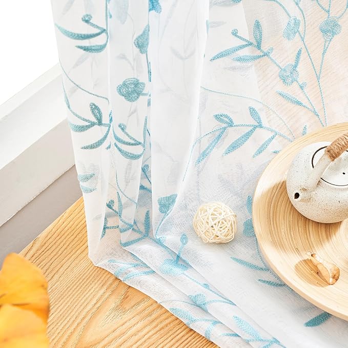 Sheer Curtains Floral Embroidery White-Blue 84 Inch Long Rod Pocket Lace Drapes for Living room, Bedroom, 2 Panels, 52"x84", Semi Voile Pattern Outdoor Window Treatment Sets for Yard, Patio, Parlor.