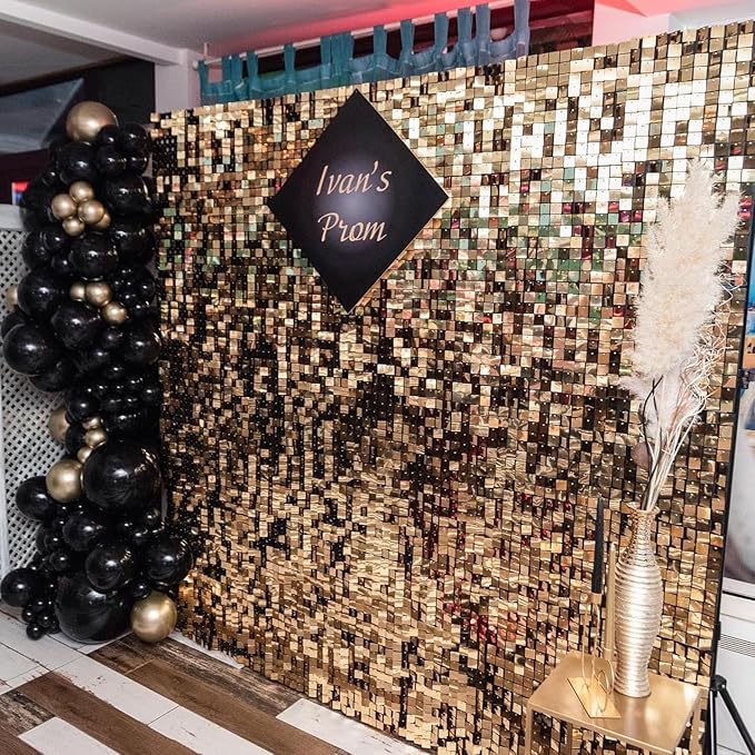Qcity Light Gold Shimmer Wall Backdrop 48PCS, Black Back Not See-Through Design, Square Sequin Glitter Backdrop Panel, Perfect for Outdoor Events, Birthdays, Wedding and Party Decoration
