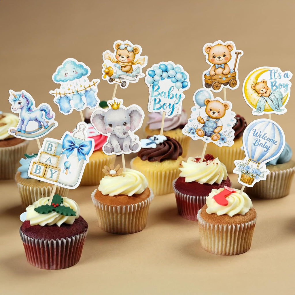 Gyufise 40Pcs Baby Girl Cupcake Toppers Baby Shower Decorations for Girls Rainbow Balloon Elephant Bear It's a Boy Cupcake Picks for Baby Shower Birthday Party Supplies Blue White