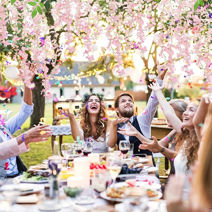 12 Pack Light Pink Wisteria Hanging Flowers, 3.44 Ft Fake Hanging Flowers, Artificial Wisteria Garland Vines for Wedding Room Backdrop Outdoor Patio Garden Decoration