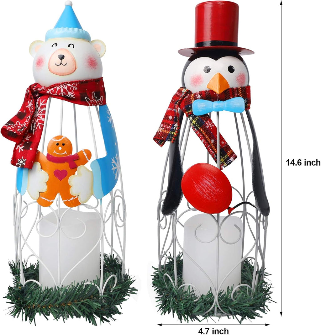 Lulu Home Christmas LED Candle Lanterns, 2 Pack 14.6 Inch Penguin Polar Bear with Battery Operated Candle Lights, Light Up Christmas Tabletop Decorations