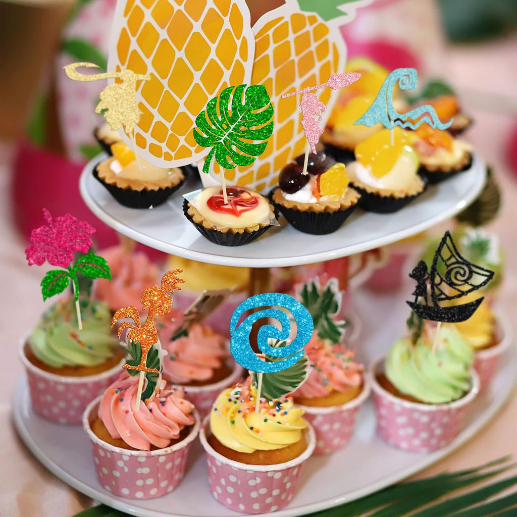 Ephlyn 32Pcs Moa Inspired Cupcake Toppers Glitter Palm Leaf Flower Cupcake Picks Tropical Hawaiian Luau Theme Cake Decorations for Baby Shower Birthday Party Cake Supplies Multi