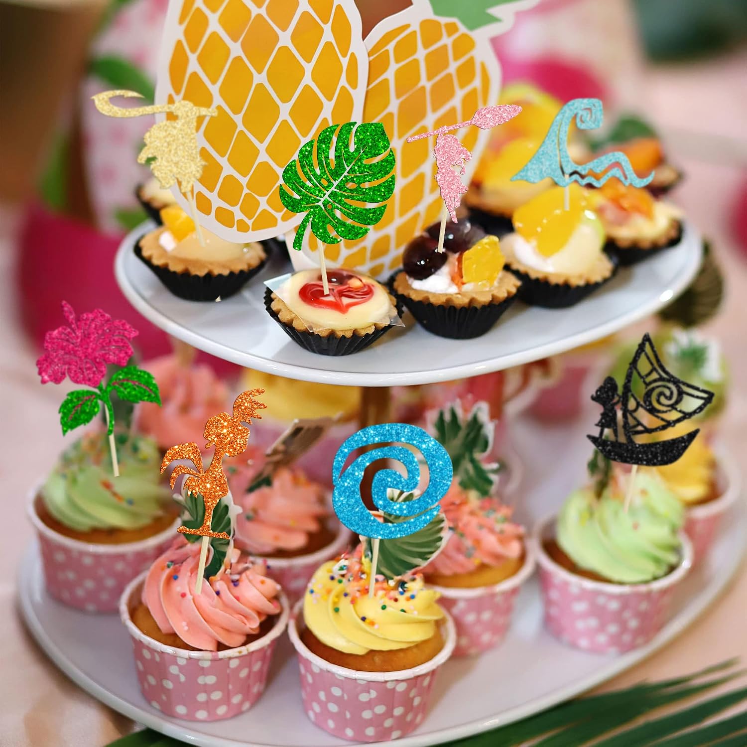Ephlyn 32Pcs Moa Inspired Cupcake Toppers Glitter Palm Leaf Flower Cupcake Picks Tropical Hawaiian Luau Theme Cake Decorations for Baby Shower Birthday Party Cake Supplies Multi