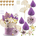 Ephlyn 24 Pack Boho Flower Gold Leaves Cake Topper Foam Ball Cake Decorations for Wedding Baby Shower Birthday Party Supplies Purple