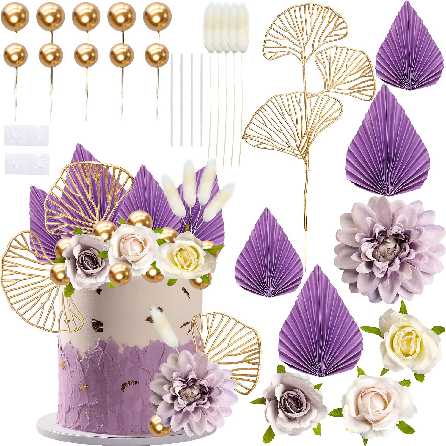 Ephlyn 24 Pack Boho Flower Gold Leaves Cake Topper Foam Ball Cake Decorations for Wedding Baby Shower Birthday Party Supplies Purple