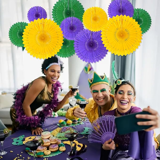 18 Pcs Mardi Gras Hanging Paper Fan, Hanging Honeycomb Round Paper Fans for Weddings, Birthdays, Christmas, Baby Showers, Classroom, Events Ceiling Party Supplies Decorations