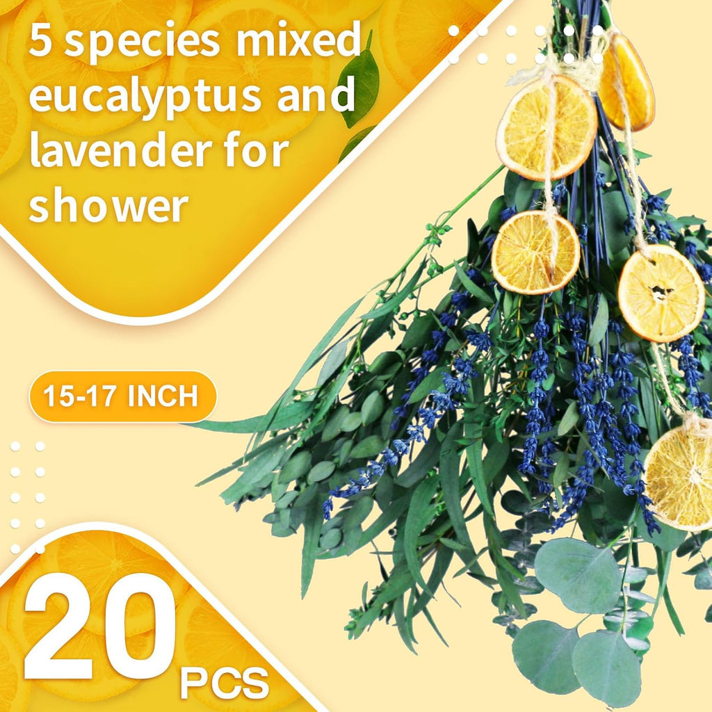 5 Kinds Mix Dried Eucalyptus & Lavender Flowers Bundle for Shower , 15''-17''Natural Real Fresh Preserved Eucalyptus Leaves and Lemon Hanging Plants, Home Bathroom Decor, Fragrance