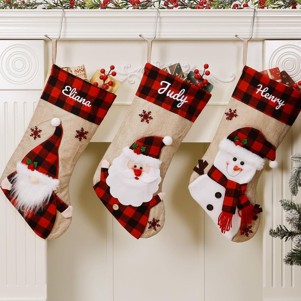 Bemaystar Personalized Christmas Stockings - 18.5'' Embroidery Custom Christmas Stockings with Names, Burlap Plaid Stockings Xmas Decor Gifts for Family Kids Holiday Party, 1-Pack Choose Any Styles