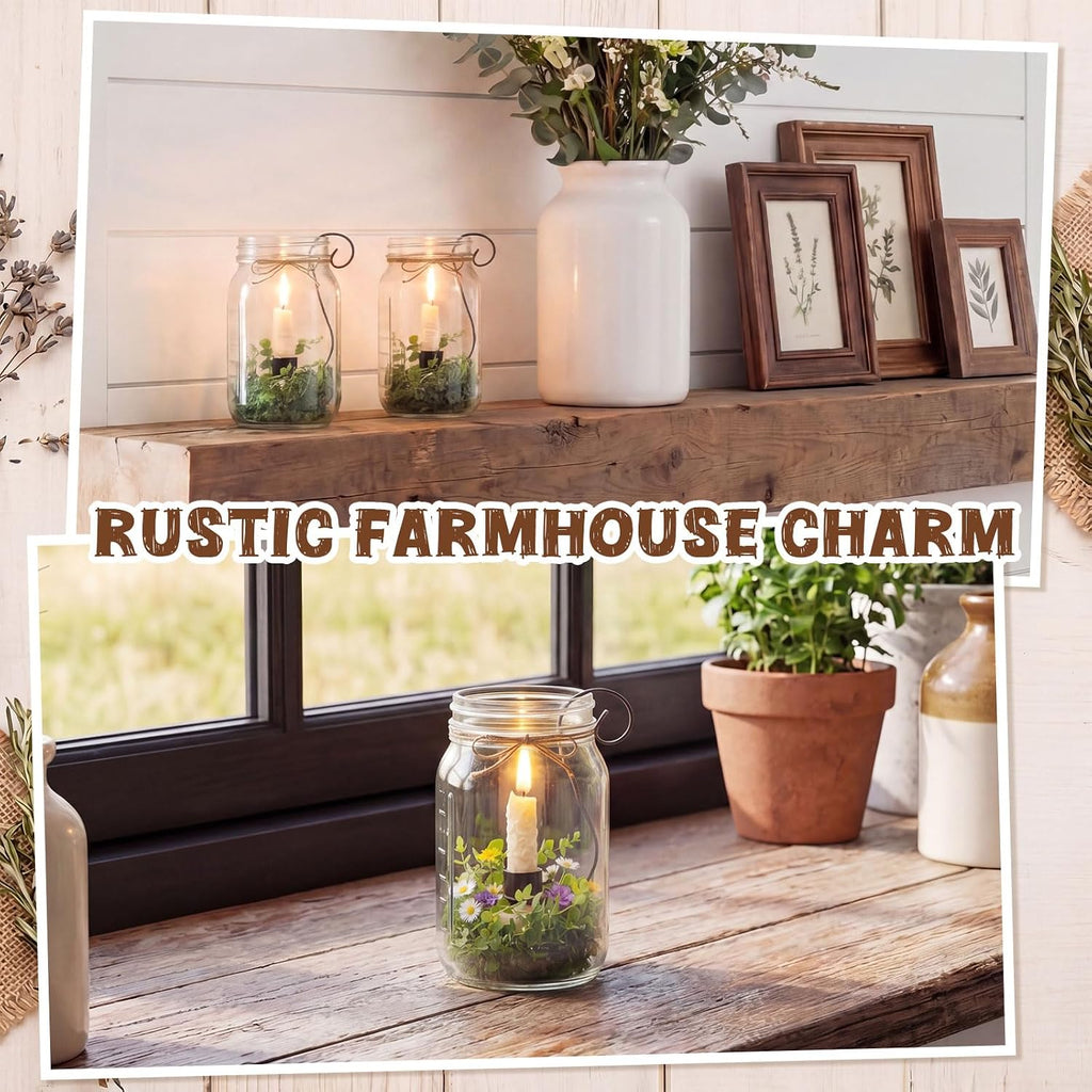 Mason Jar Taper Candle Holder Insert, 2 Pack Farmhouse Iron Hook Candle Holders for 2qt Jars, Rustic Vintage Wedding Table Centerpiece, Fall Home Decor Fit Glass Vases(2 x 6)