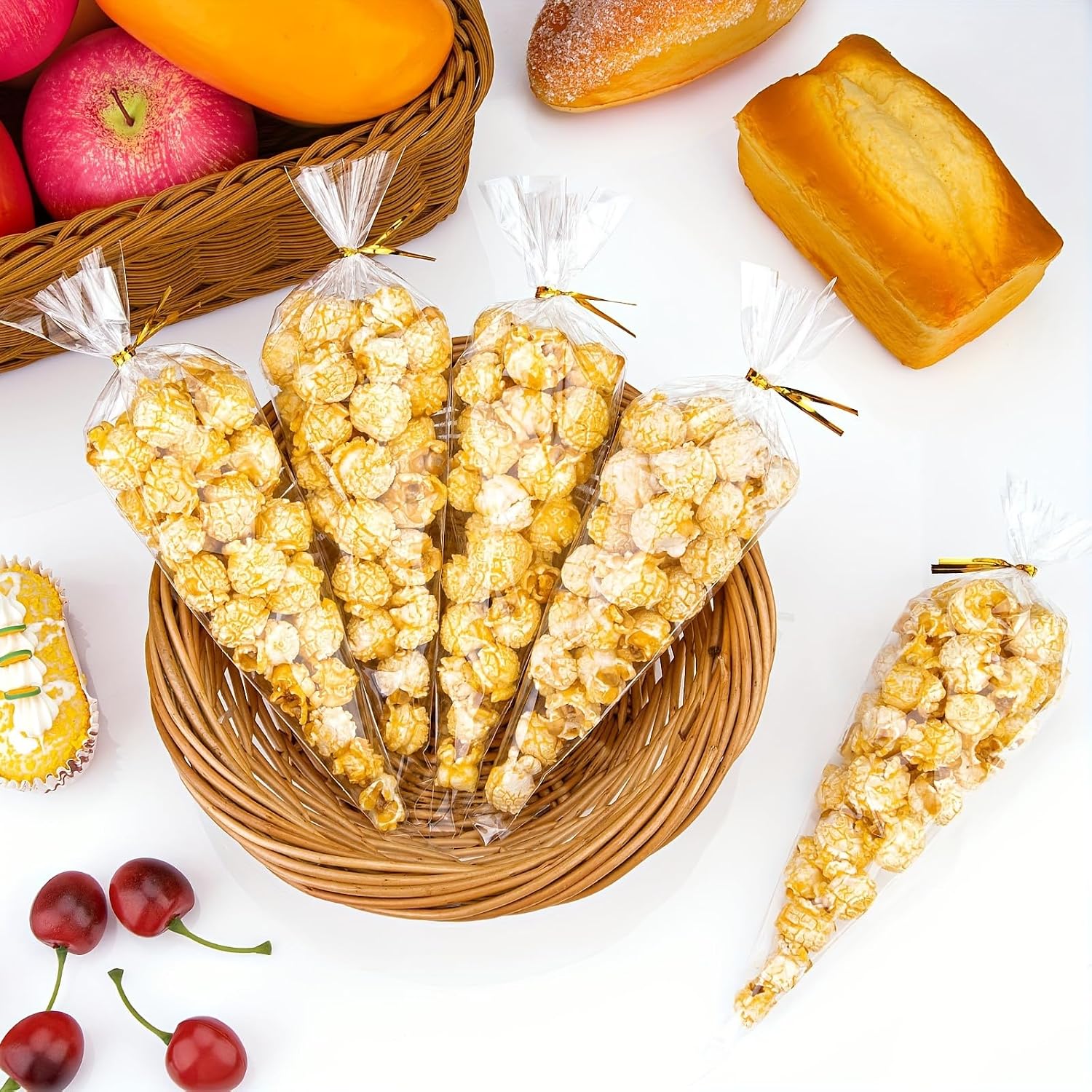 50pcs Clear Cone Cellophane Bags, Cello Cone-Shaped Treat Bags with Twist Ties, Plastic Triangle Bags for Popcorn and Candy Favors
