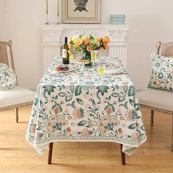 patdrea Designer Green Extra Long Rectangle Table Cloth,Italian Floral Country Linen Breathable Tablecloth,Decor Cover for Kitchen Dining,Christmas,Tea Party,Thanksgiving,63"x110"-Tree Life