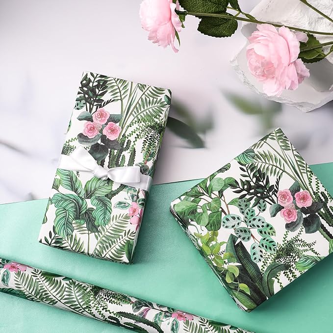 WRAPAHOLIC Kraft Wrapping Paper - Mini Roll - 17 Inch x 16.5 Feet - Green Plant Wrapping Paper for Wedding, Birthday, Bridal Shower, Tea Party, Drawer Liners, Home Closet Shelves