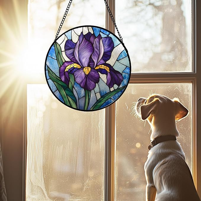 Stained Glass Window Hanging - Iris Birth Flower Suncatcher for Doors Garden Yard Purple Blue Sun Catchers Decor Christmas Mother's Day Birthday Gifts for Teacher Women Mom Nana 7.8 in