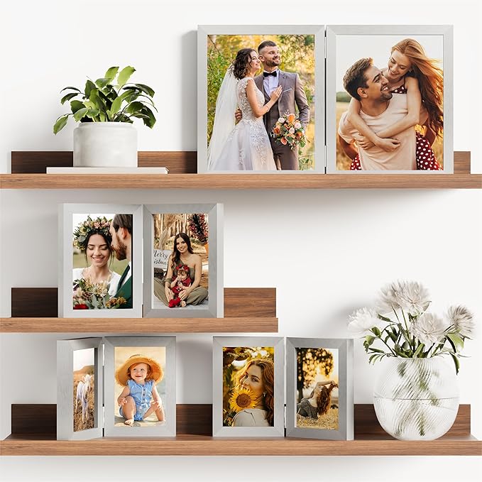 decorUhome Double 5x7 Picture Frame Vertical, Engineered Wood Bifold Photo Frame with Plexiglass for Tabletop Display, 5x7, Silver
