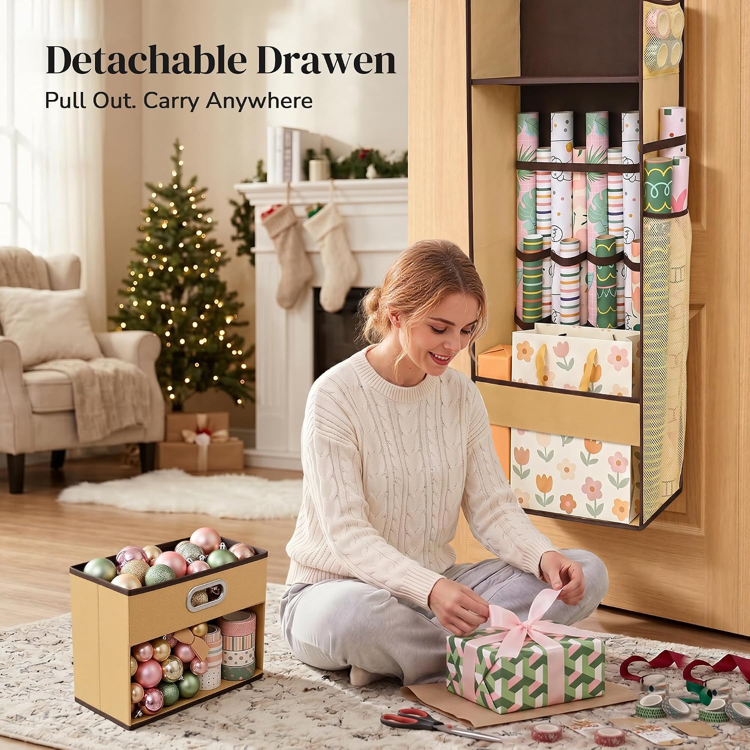 Ordovibe Wrapping Paper Storage Organizer, Over The Door Gift Wrap Holder with Removable Drawer & Side Mesh Pockets – Space Saving Closet Organizer for Christmas, Halloween, Birthday Rolls Supplies Brown