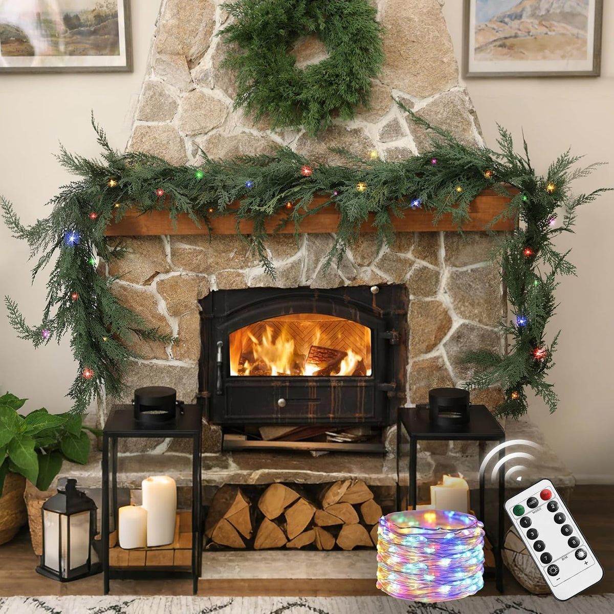 christmas cedar garland realistic with lights - cypress showing dimensions