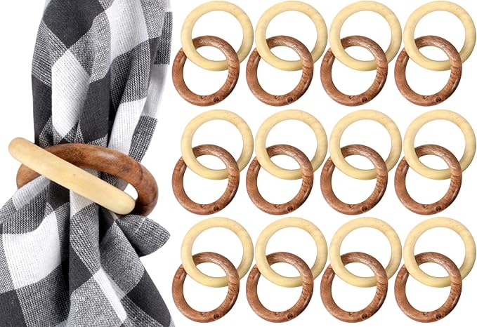 Farmhouse Napkin Ring Set of 12 - Wooden Napkin Holders for Dining Table, Everyday Use, Thanksgiving, Holiday, Christmas, Festive, Party, Gift, Décor (Shades of Brown) - CLEENTABLE